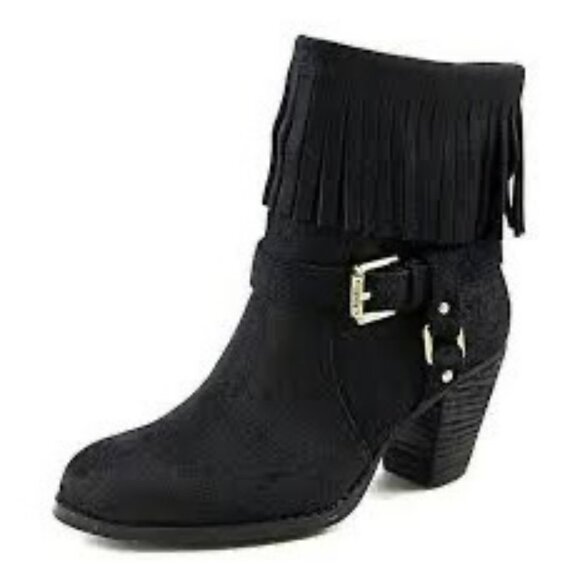 Lauren Ralph Lauren Black Suede Fringe Ankle Boots With Gold Buckle & Side Zippe - Picture 1 of 8